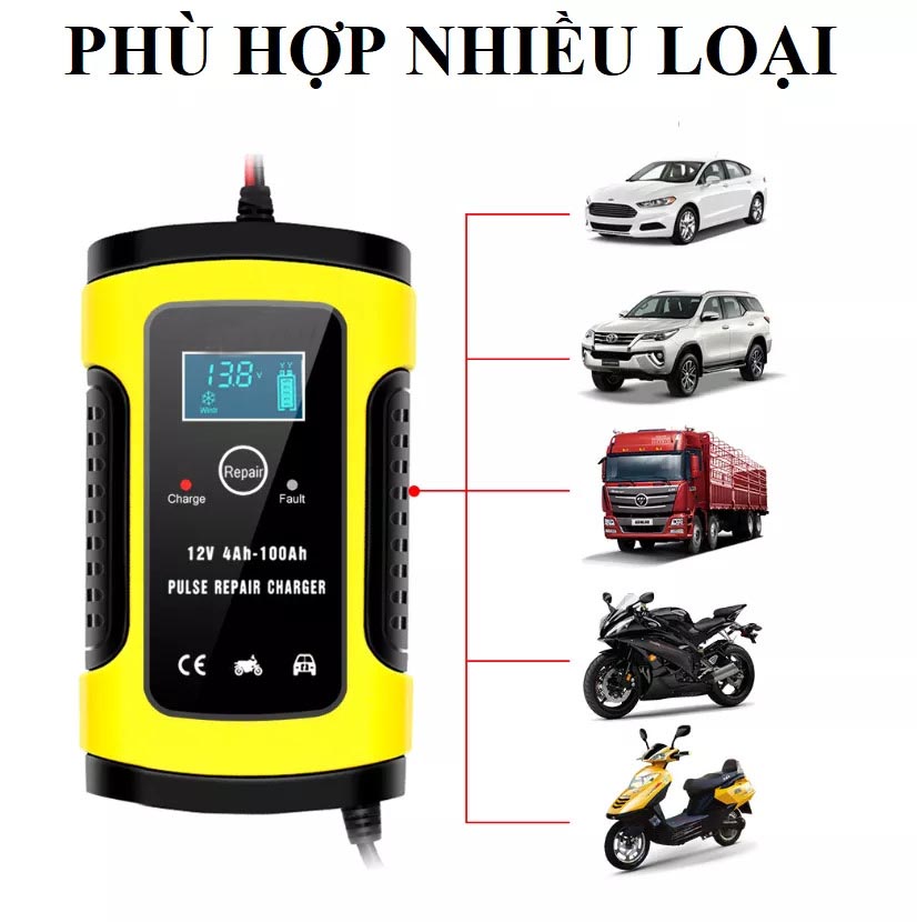 Bộ kích sạc bình ắc quy 12V/5A FOXSUR có khử sunfat bảo dưỡng phục hồi ắc quy dùng cho mọi loại bình ắc quy ô tô, xe máy chống ngược cực, tự